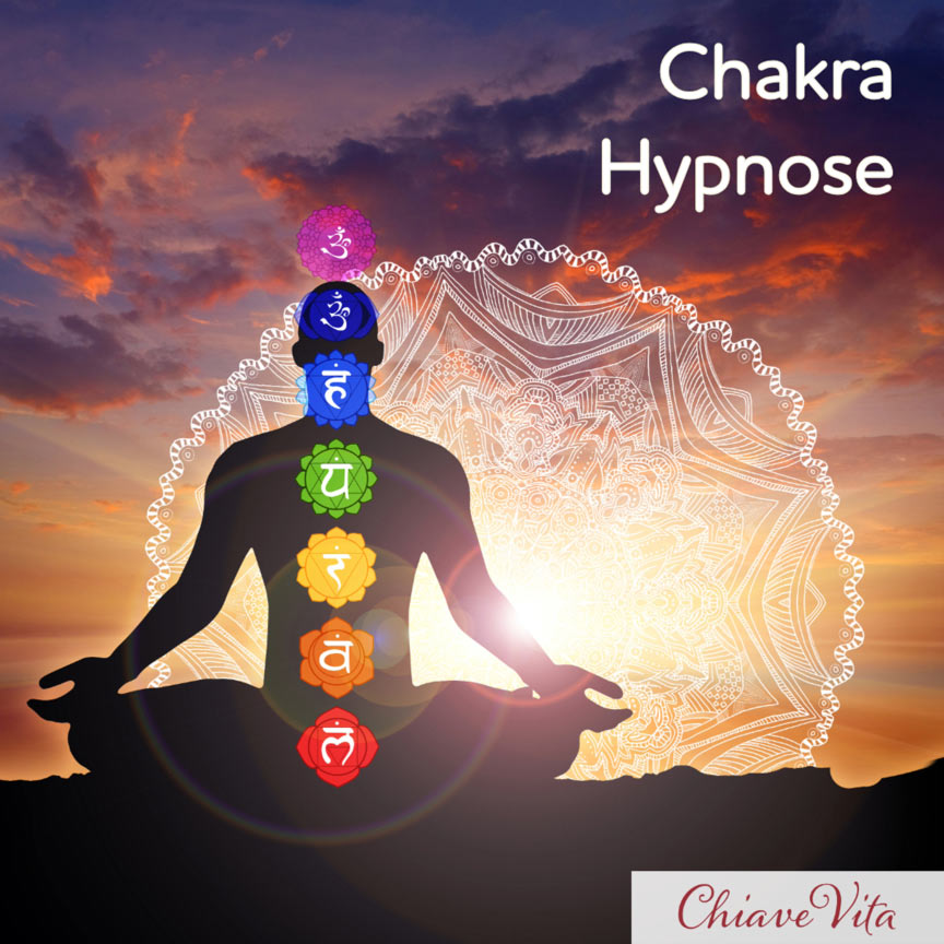 Chakra Hypnose: Meditierende Person mit Chakren